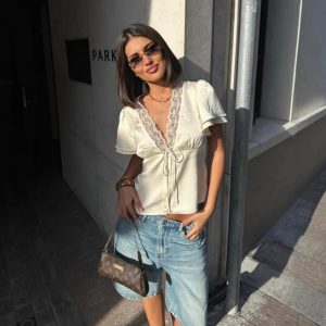 Women's Cream Short Sleeve V-Neck Top with Lace Trim & Tie Front